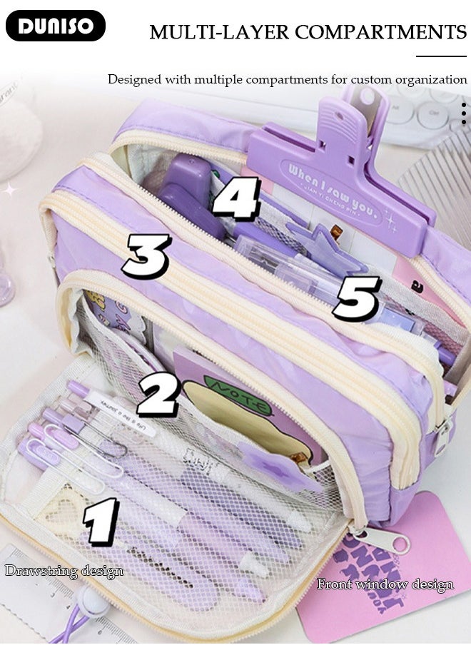 DUNISO - Large Capacity Pencil Case, 5 Compartment Pouch Pen Bag with Zip,  Stationery Storage Organizer with Pen Slots, Marker Pouch Pen with Drawstring for Middle School Office College Girl and Boy - Image 1