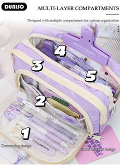 DUNISO Large Capacity Pencil Case, 5 Compartment Pouch Pen Bag with Zip,  Stationery Storage Organizer with Pen Slots, Marker Pouch Pen with Drawstring for Middle School Office College Girl and Boy  - Image 2