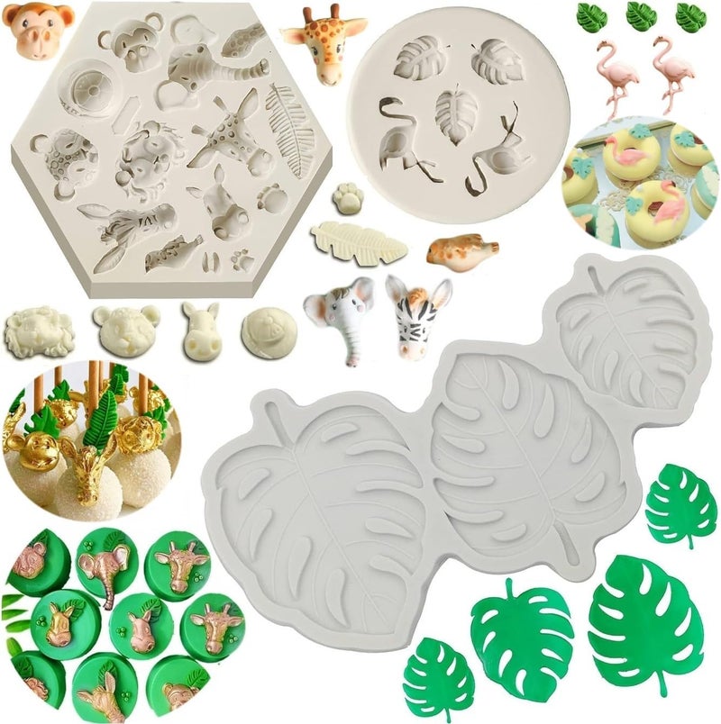 SUNKOOL Safari Animal Fondant Mold Flamingo Silicone Molds,Safari Cake Decorations Animal Cake Toppers Mold,Tropical Leaf Chocolate Silicone Molds for Cake Decorations - Image 1