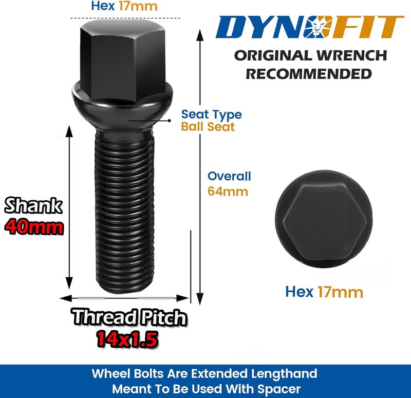 SOOMJ dynofit 14x1.5 Extended Lug Bolts for Wheel Spacers - 20pcs 40mm Shank/64mm Tall Ball Seat - Image 2