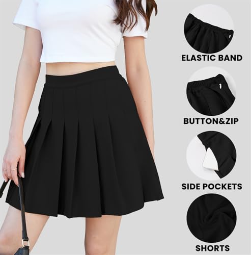 SANGTREE Girls' Pleated Skirt Cheerleader School Uniform Casual High Elastic Waist Flare Skorts Knee Length, Black, 11-12 Years= Tag 160 - Image 5