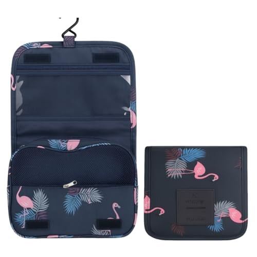 Nibbler Hanging Travel Toiletry Bag for Women & Men – Waterproof Organizer with Hook, Multiple Compartments, Flamingo Print – Ideal for Makeup, Shaving Kit, Cosmetics & Bathroom Essentials (Blue) - Image 1