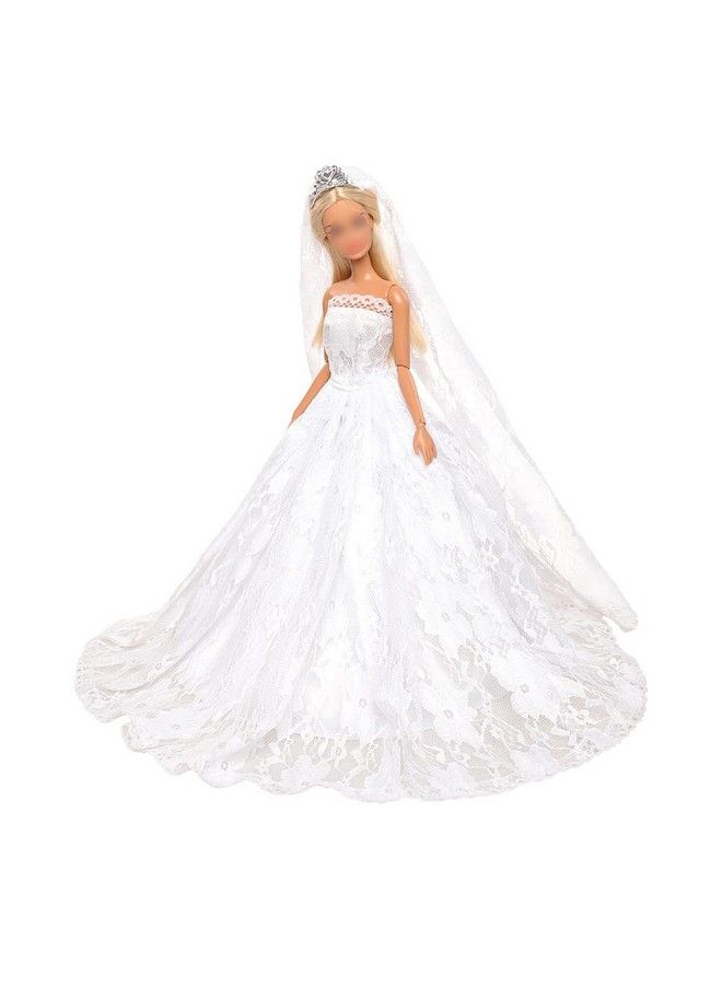 Barwa فستان زفاف أبيض مع طرحة وملابس حفلة مسائية للأميرة الوردية، فستان ملابس مع قبعة لدمية فتاة بطول 11.5 إنش - Image 4