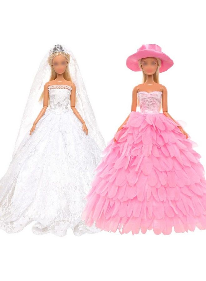 Barwa فستان زفاف أبيض مع طرحة وملابس حفلة مسائية للأميرة الوردية، فستان ملابس مع قبعة لدمية فتاة بطول 11.5 إنش - Image 2