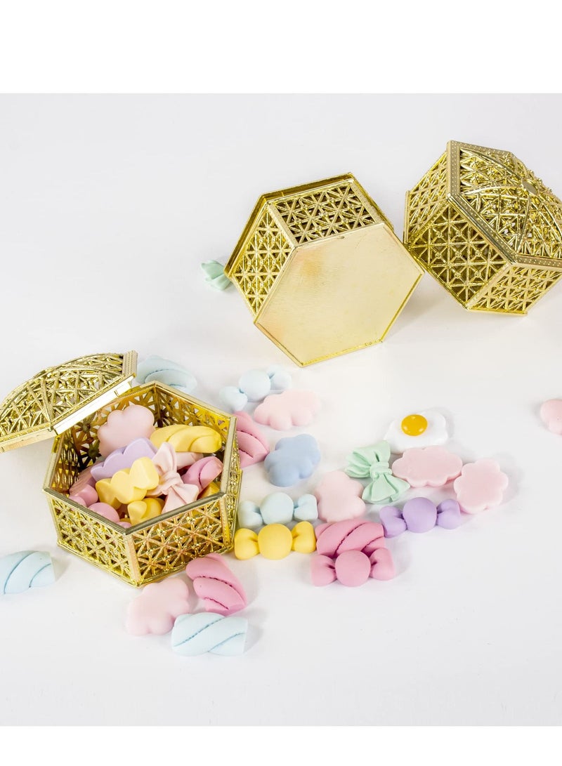 SYOSI 12 Pcs Hexagon Candy Boxes Plastic Wedding Favor Boxes Candy Hollow Jars Candy Storage Boxes Gift Boxes for Wedding Baby Shower Birthday Party,Hexagon Gold - Image 3