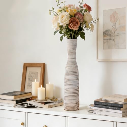 ALMA 20" White & Browm Tall Skinny Vase for Flowers, Decorative Thin Pampas Grass Vases for Living Room Floor, Dinner Table, Entryway, Fireplace, Bookshelf, Offer, Home Decor - Image 2