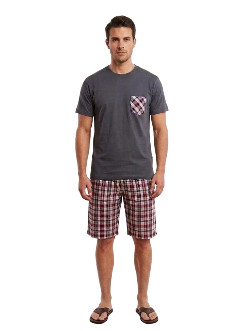Men Summer Pajama Set Plain Top & Plaid Short