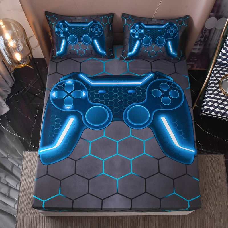 NTBED Game Console Fitted Sheet Set for Boys Girls Kids 3D Gaming Geometric Lightweight Gamer Microfiber Mattress Cover SetsBlueFull