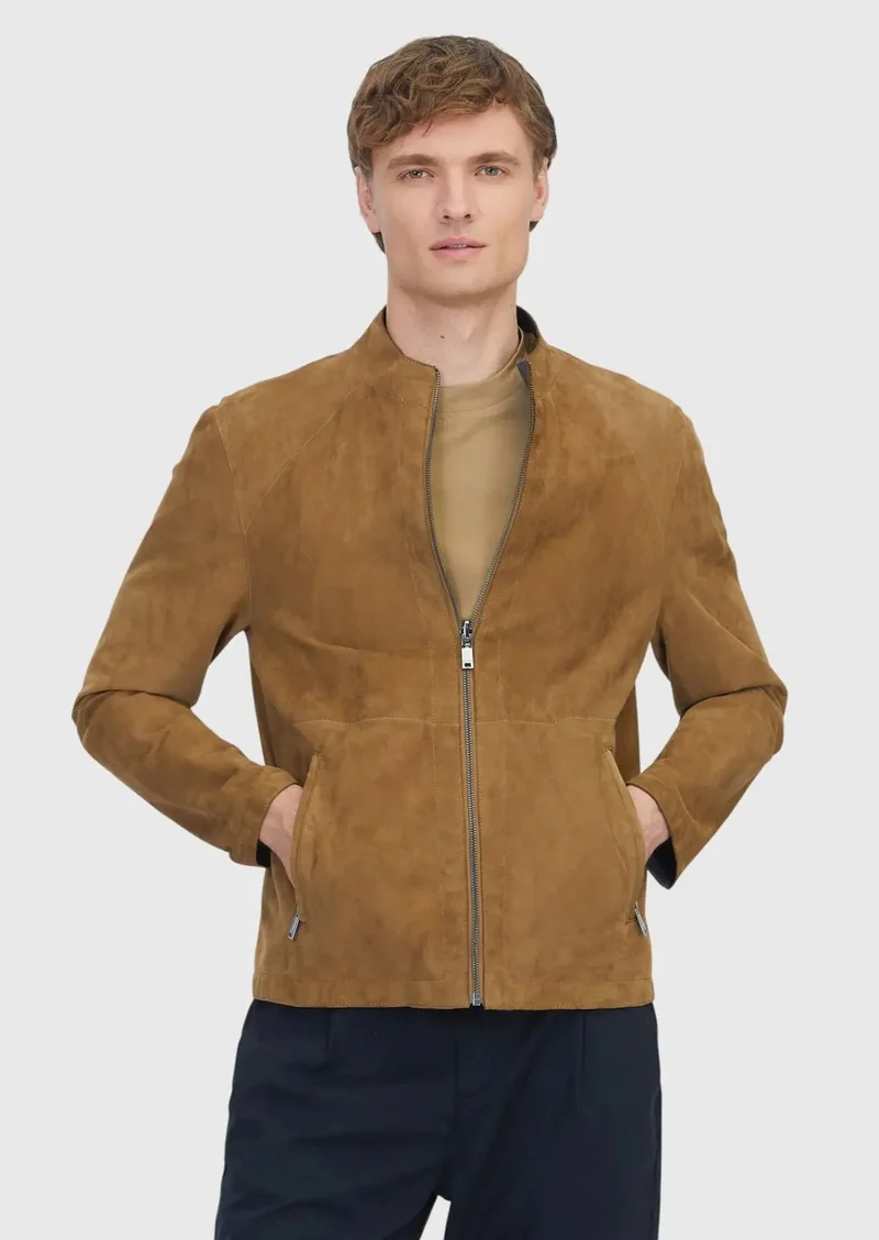 رامسي معطف جلدي ذو وجهين بياقة عالية زيتونية اللون