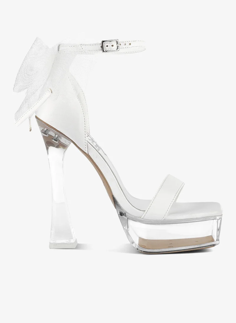 Kiri Satin Clear High Heeled Bow Sandals in white