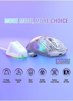 Attack Shark X2 Pro Wireless Gaming Mouse with RGB Charging Dock,Tri-Mode PC Gaming Mice 2.4G/Bluetooth/Wired,Noiseless Mouse RGB Backlit,Transparent Shell,PixArt 3212 4000 DPI,for Win/MAC,White  - Image 3