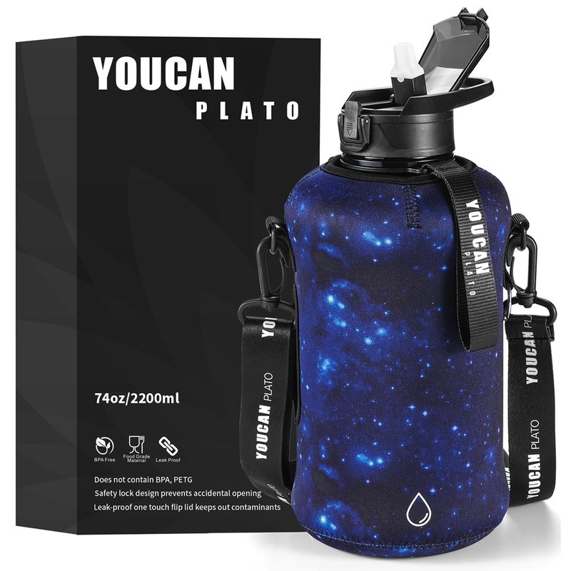 YOUCAN PLATO 74 oz Half Gallon Water Bottle with SleeveLarge Water Bottle Big Water BottleGym Water Bottle with Straw Gallon Water Jug with Handle BPA Free Leakproof Workout bottleStar Blue