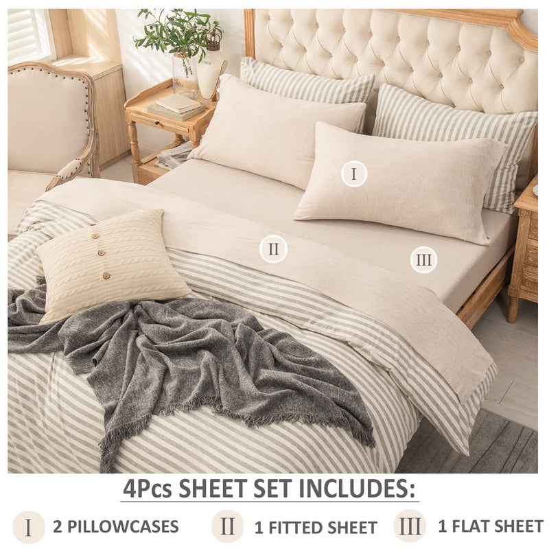 PURE ERA Jersey Knit 4pc Bed Sheet Set 100% T-Shirt Heather Cotton Super Soft Comfy Breathable Fits Mattress Up to 20" Extra Deep Pocket (Heather Beige, King) - Image 2