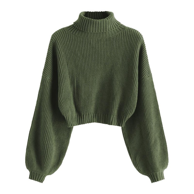 ZAFUL Women's Crew Neck Long Sleeve Pullover Crop Sweater Mock Neck Lantern Sleeve Ribbed Knit Cropped Sweater - Image 1