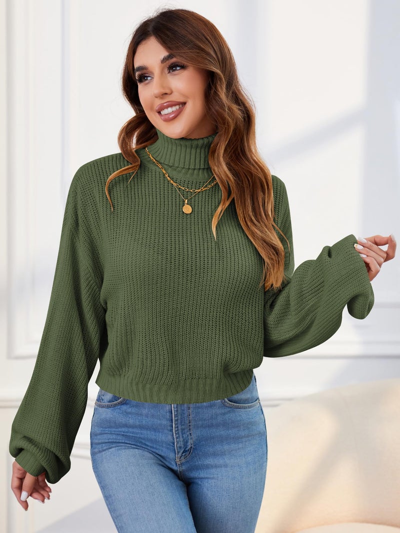 ZAFUL Women's Crew Neck Long Sleeve Pullover Crop Sweater Mock Neck Lantern Sleeve Ribbed Knit Cropped Sweater - Image 2
