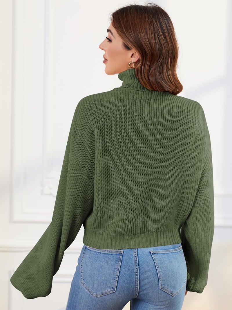 ZAFUL Women's Crew Neck Long Sleeve Pullover Crop Sweater Mock Neck Lantern Sleeve Ribbed Knit Cropped Sweater - Image 5