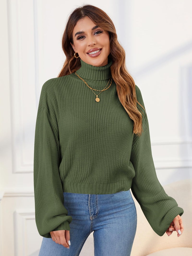 ZAFUL Women's Crew Neck Long Sleeve Pullover Crop Sweater Mock Neck Lantern Sleeve Ribbed Knit Cropped Sweater - Image 3