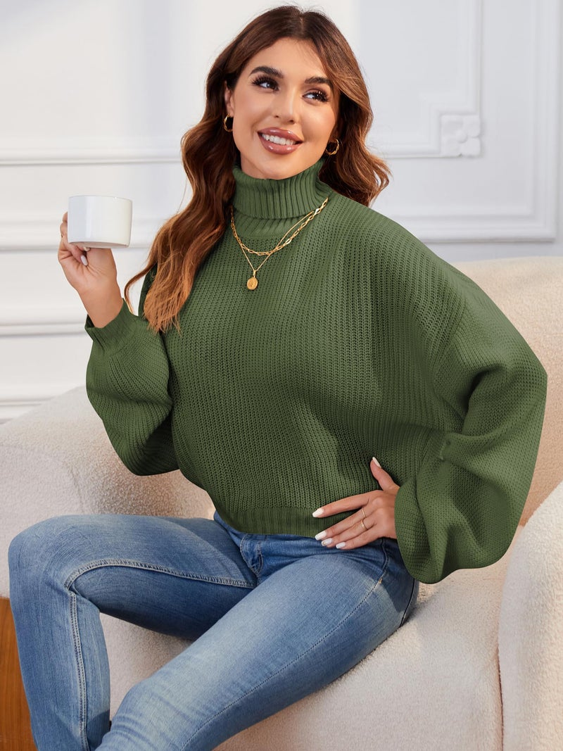 ZAFUL Women's Crew Neck Long Sleeve Pullover Crop Sweater Mock Neck Lantern Sleeve Ribbed Knit Cropped Sweater - Image 4