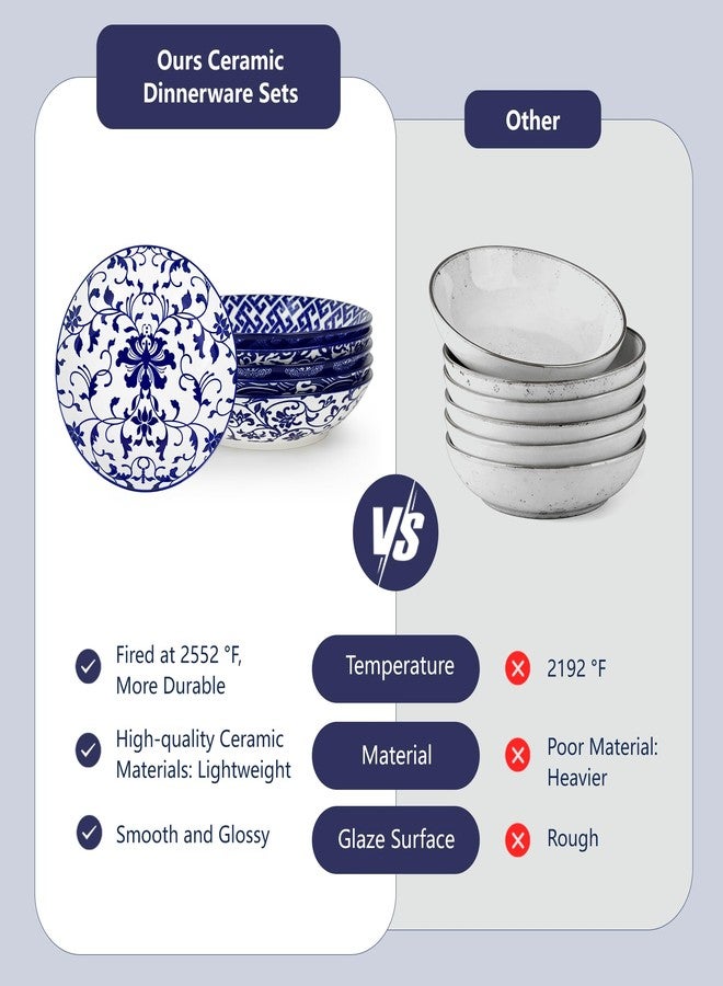 Ollieroo Porcelain 7.8 Inch Pasta Bowls Set of 6, 27 oz Wide Shallow Salad Bowls for Soup spaghetti, Ceramic Large Serving Bowls, Blue White Floral Deep Plate, Microwave and Dishwasher Safe - Image 5