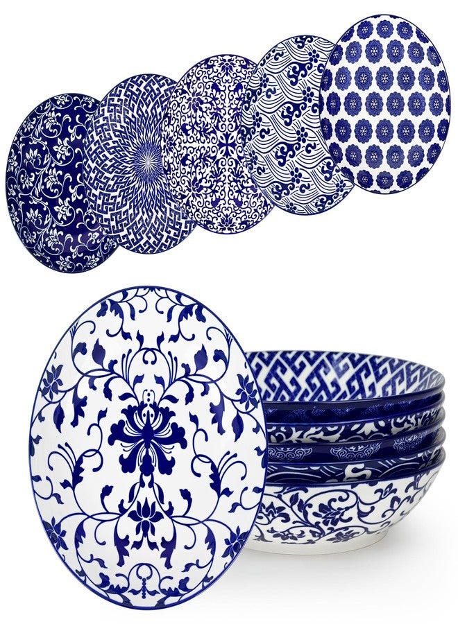 Ollieroo Porcelain 7.8 Inch Pasta Bowls Set of 6, 27 oz Wide Shallow Salad Bowls for Soup spaghetti, Ceramic Large Serving Bowls, Blue White Floral Deep Plate, Microwave and Dishwasher Safe - Image 1