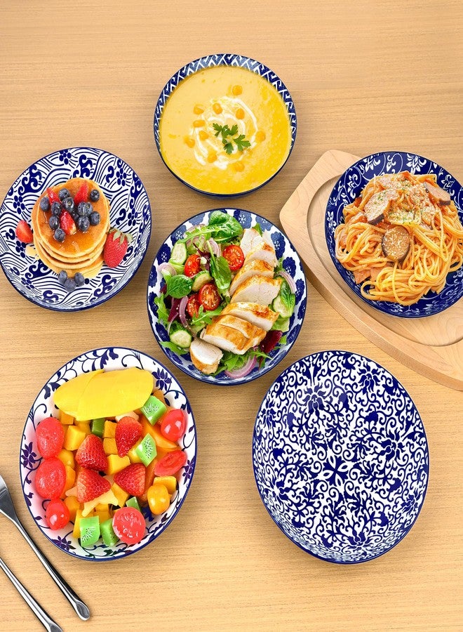 Ollieroo Porcelain 7.8 Inch Pasta Bowls Set of 6, 27 oz Wide Shallow Salad Bowls for Soup spaghetti, Ceramic Large Serving Bowls, Blue White Floral Deep Plate, Microwave and Dishwasher Safe - Image 4