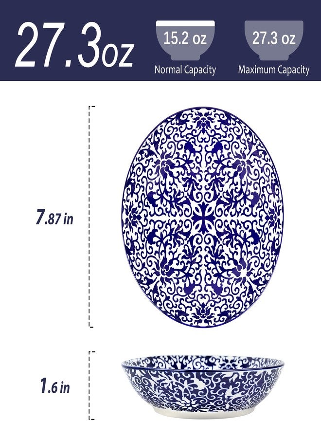 Ollieroo Porcelain 7.8 Inch Pasta Bowls Set of 6, 27 oz Wide Shallow Salad Bowls for Soup spaghetti, Ceramic Large Serving Bowls, Blue White Floral Deep Plate, Microwave and Dishwasher Safe - Image 3