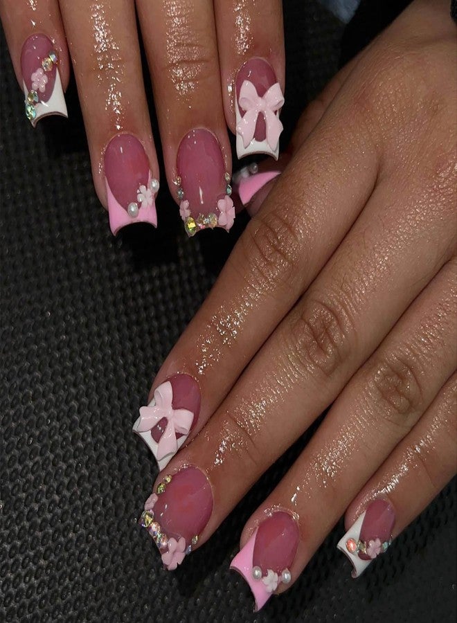 QQPPOLIU Short Square Nails,French Tips Press on Nails with Flower and Flower Designs - Image 1