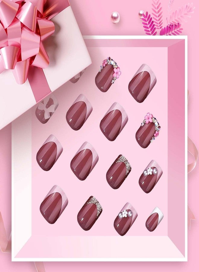 QQPPOLIU Short Square Nails,French Tips Press on Nails with Flower and Flower Designs - Image 3