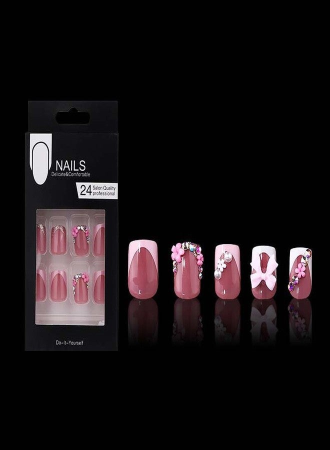 QQPPOLIU Short Square Nails,French Tips Press on Nails with Flower and Flower Designs - Image 2