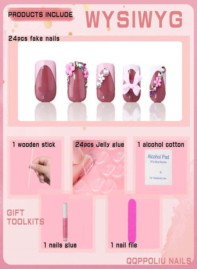 QQPPOLIU Short Square Nails,French Tips Press on Nails with Flower and Flower Designs - Image 4