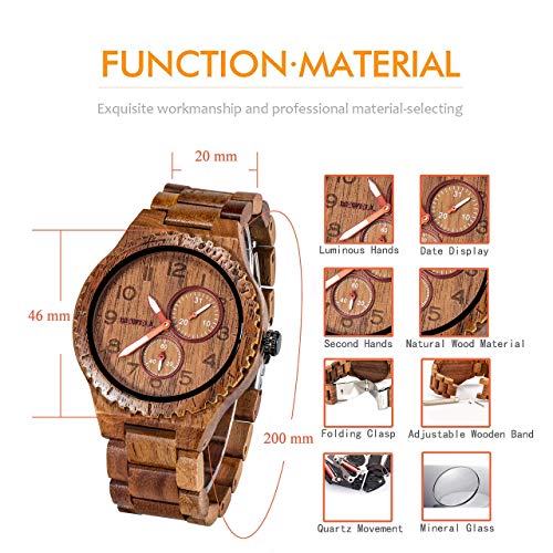 BEWELL Mens Wood Watch Quartz Analog Date Display Luminous Retro Handmade Wooden Wristwatch for Men (Walnut) - Image 5