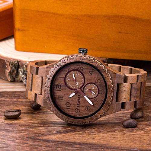 BEWELL Mens Wood Watch Quartz Analog Date Display Luminous Retro Handmade Wooden Wristwatch for Men (Walnut) - Image 3