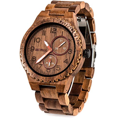 BEWELL Mens Wood Watch Quartz Analog Date Display Luminous Retro Handmade Wooden Wristwatch for Men (Walnut) - Image 1