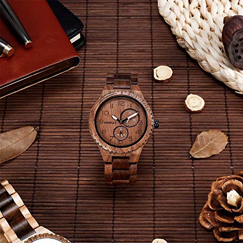 BEWELL Mens Wood Watch Quartz Analog Date Display Luminous Retro Handmade Wooden Wristwatch for Men (Walnut) - Image 4