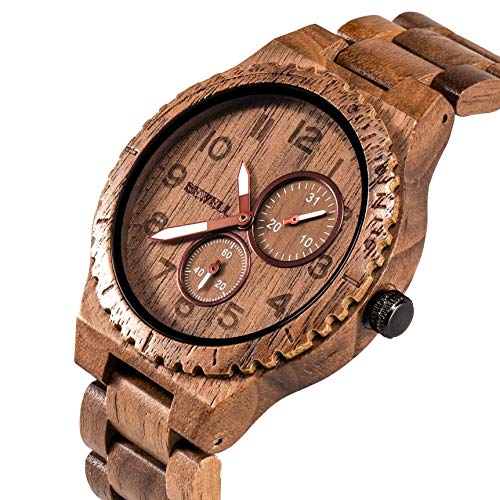 BEWELL Mens Wood Watch Quartz Analog Date Display Luminous Retro Handmade Wooden Wristwatch for Men (Walnut) - Image 2
