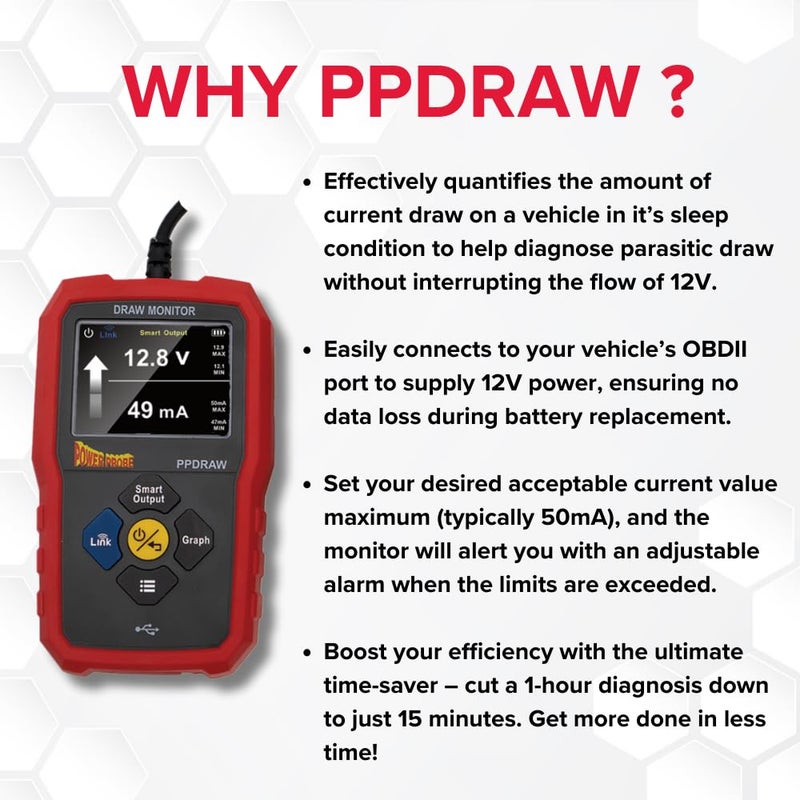 Power Probe PPDRAW Automotive Battery Voltage and Parasitic Draw Monitor with OBDII Connection - Image 3