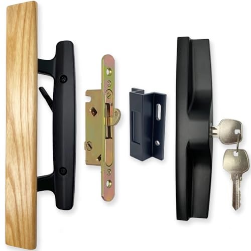 ALLYWASAI Patio Sliding Patio Door Handle Set with Mortise Lock Key Cylinder and Keeper Wood Handle Lock Set Fits Door Thickness from 112 to 134 31516 Screw Hole Spacing Keyed White Black - Image 1