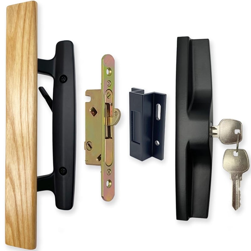 ALLYWASAI Patio Sliding Patio Door Handle Set with Mortise Lock Key Cylinder and Keeper Wood Handle Lock Set Fits Door Thickness from 112 to 134 31516 Screw Hole Spacing Keyed White Black - Image 2