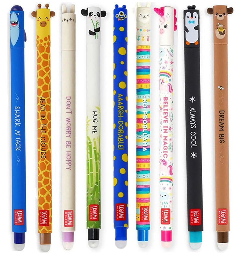 LEGAMI Set of 9 erasable gel pens with new monster pen set with shark giraffe bunny panda llama unicorn penguin teddy and monster - Image 2