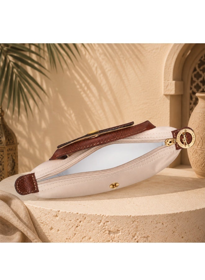 Women's Elegant Handbag, Beige with Brown Leather Flap & Gold-Tone Hardware - Image 3
