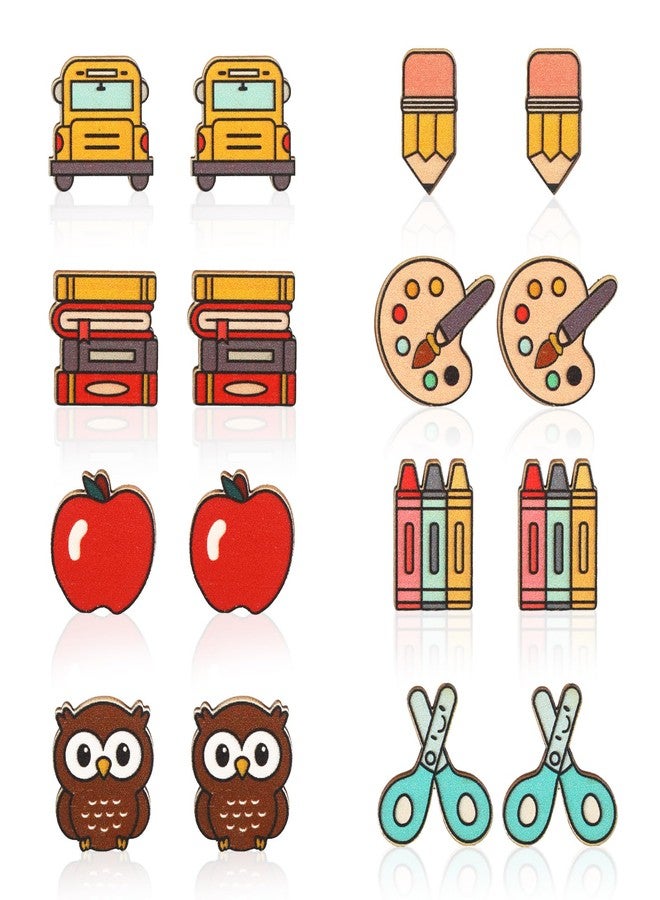 Whaline 8 Pairs Teacher Earring Studs School Bus Pencil Apple Owl Wood Earrings Cute Back to School Wooden Earrings for Women Girls First Day of School Party Jewelry Gift Accessories - Image 1