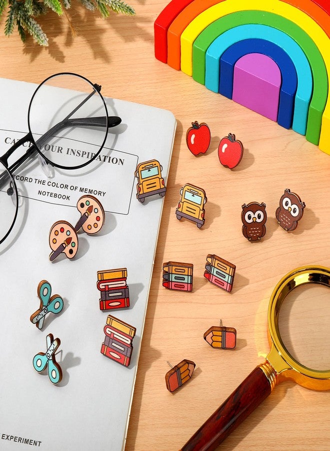 Whaline 8 Pairs Teacher Earring Studs School Bus Pencil Apple Owl Wood Earrings Cute Back to School Wooden Earrings for Women Girls First Day of School Party Jewelry Gift Accessories - Image 3