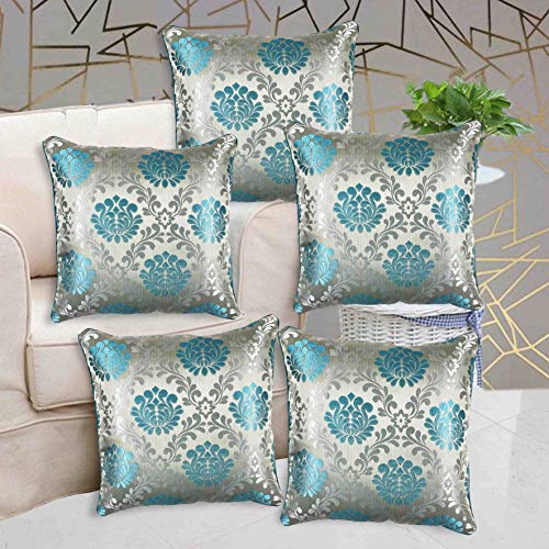 IM FAB ® Jacquard Damas Cushion Cover Set of 5 Pcs(24X24 Inch,60X60 Cms)-Blue - Image 1