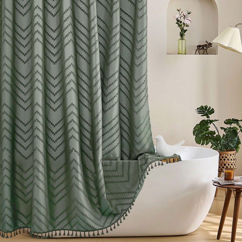 Siiluminisoy Sage Green Shower Curtain for Bathroom Boho Shower Curtain Cloth Textured Tufted Chevron Elegant Shower Curtains Waterproof for Bathroom 72 x 72