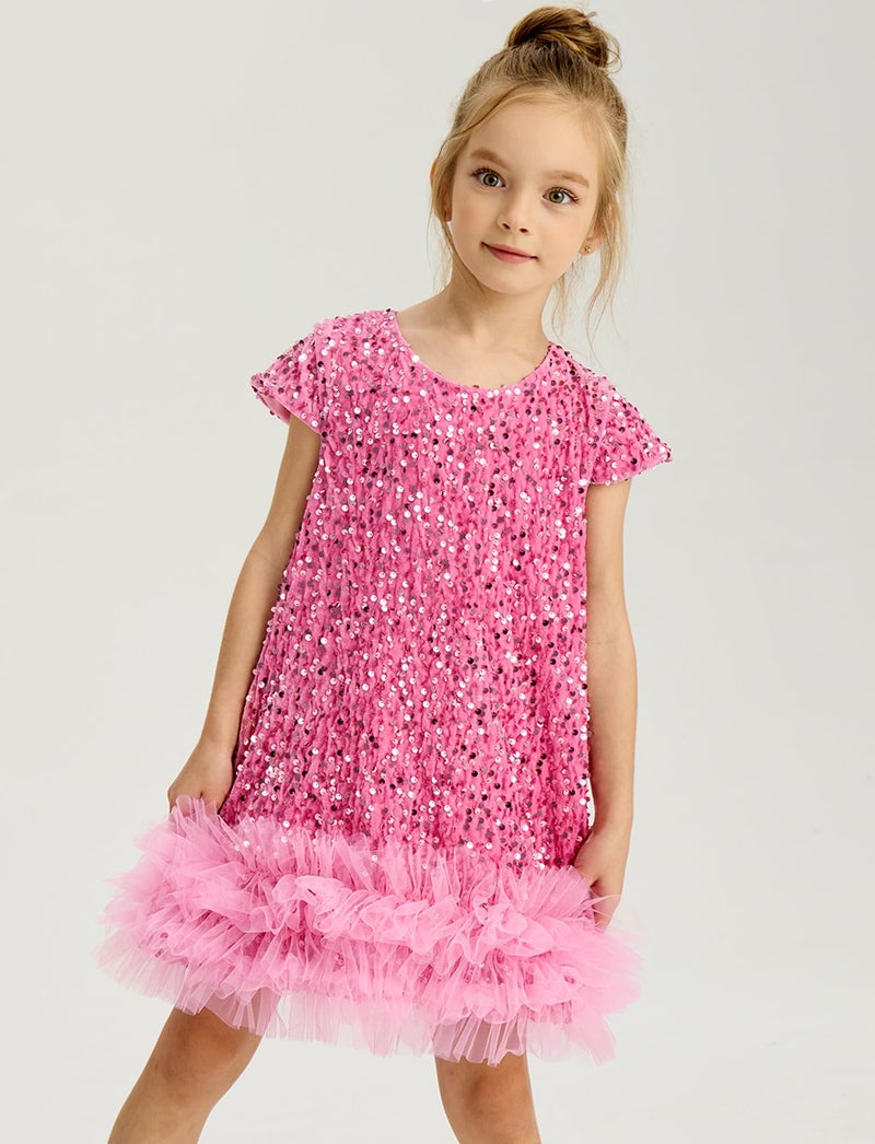 Happy Cherry Kid Girls A-Line Sleeveless Sparkly Gown Party Dresses with Faux Fur Trim Sequin Dress Pink 5-6 Years - Image 2