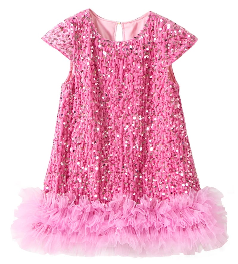 Happy Cherry Kid Girls A-Line Sleeveless Sparkly Gown Party Dresses with Faux Fur Trim Sequin Dress Pink 5-6 Years - Image 1