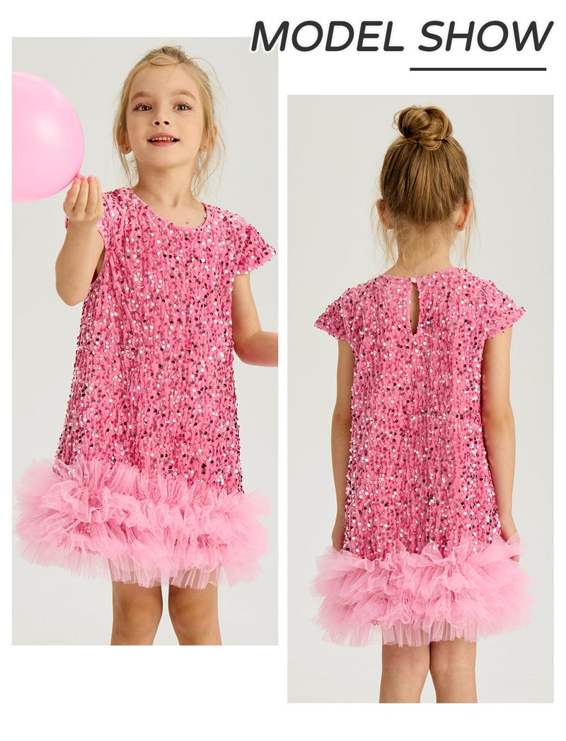 Happy Cherry Kid Girls A-Line Sleeveless Sparkly Gown Party Dresses with Faux Fur Trim Sequin Dress Pink 5-6 Years - Image 4