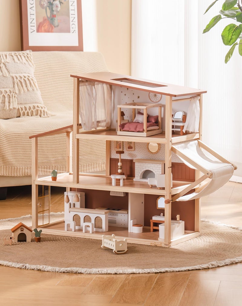 ROBUD Doll House - Wooden Bohemian Dollhouse with Realistic Design, Includes 37 Pieces of Furniture & Accessories for Kids Ages 3+ - Image 1