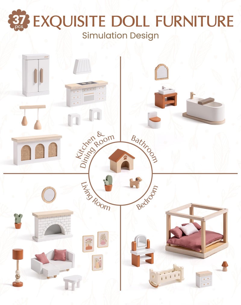 ROBUD Doll House - Wooden Bohemian Dollhouse with Realistic Design, Includes 37 Pieces of Furniture & Accessories for Kids Ages 3+ - Image 3