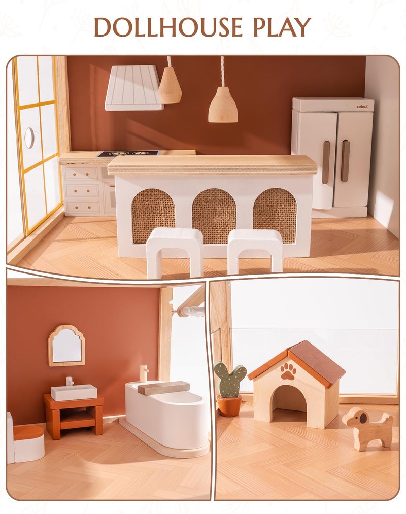 ROBUD Doll House - Wooden Bohemian Dollhouse with Realistic Design, Includes 37 Pieces of Furniture & Accessories for Kids Ages 3+ - Image 4